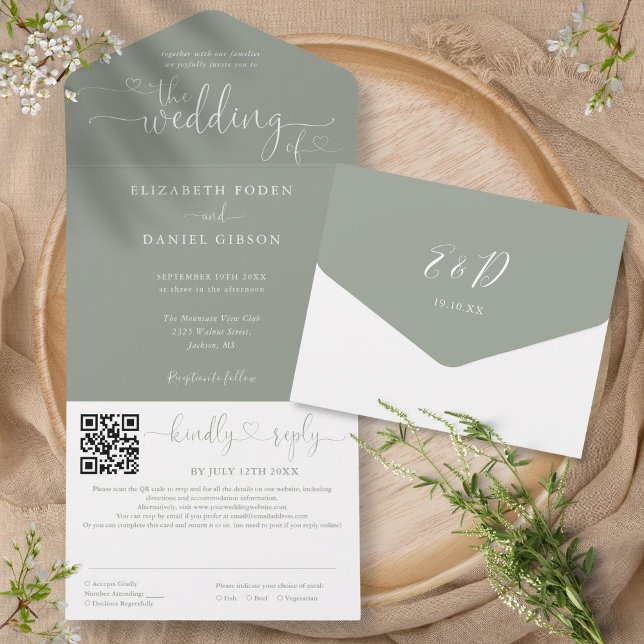 Invitation Tout En Un Sage Green Minimaliste Script QR Code Mariage (Sage Green Minimalist Script QR Code Wedding All In One Invitation)