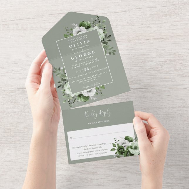 Invitation Tout En Un Sage Green Moderne Botanique Floral Mariage (Déchirure)
