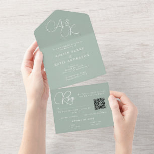 Invitation Tout En Un Sage Green Monogramme Minimaliste QR Code RSVP