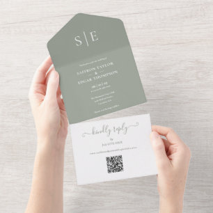 Invitation Tout En Un Sage Green Monogramme QR Code minimaliste Mariage