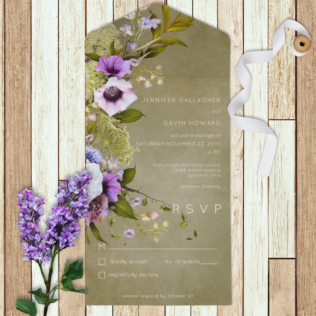 Invitation Tout En Un Sage Green & Purple Floral Moderne Sans Dîner (Créateur téléchargé)