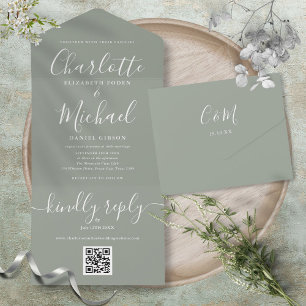 Invitation Tout En Un Sage Green QR Code Script minimaliste Mariage