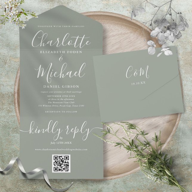 Invitation Tout En Un Sage Green QR Code Script minimaliste Mariage (Sage Green QR Code Script Minimalist Wedding All In One Invitation)