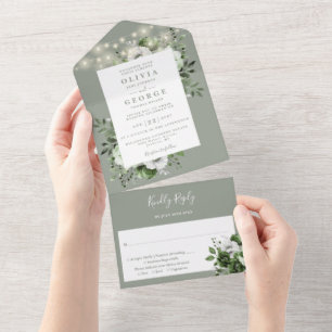 Invitation Tout En Un Sage Green Rustic String éclaire le Mariage floral