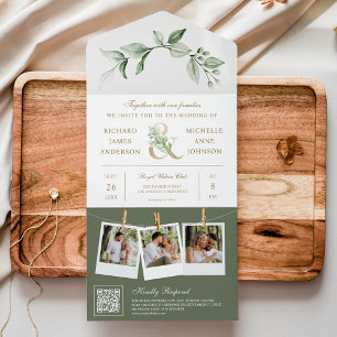 Invitation Tout En Un Sage Greenery Gold Ampersand QR Code Mariage