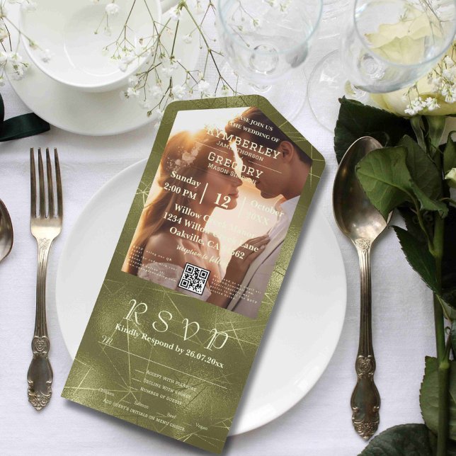Invitation Tout En Un Sage Olive Green Shimmer Lines Photo QR Code (Créateur téléchargé)