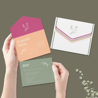 Invitation Tout En Un Sage Orange & Fuschia Rose Simple Mariage moderne