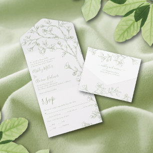 Invitation Tout En Un Sage vert et blanc ligne d'art fleurs mariage tous