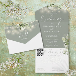 Invitation Tout En Un Sage Vert Floral Lumières à cordes QR Code Mariage