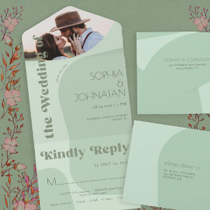 Invitation Tout En Un Sage vert rétro typographie photo mariage rsvp