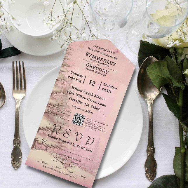 Invitation Tout En Un Scène d'hiver rose pâle Snowy Pine Tree Noël (Créateur téléchargé)