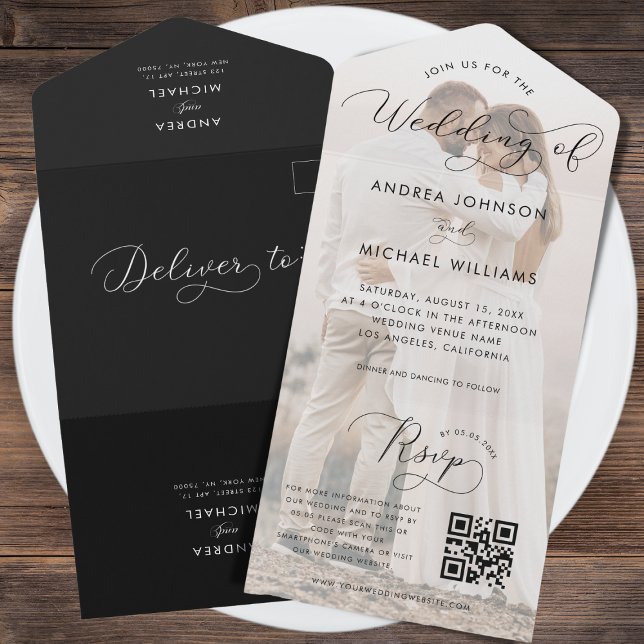 Invitation Tout En Un Script de calligraphie romantique Photo Code Qr Ma (Créateur téléchargé)