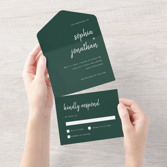 Invitation Tout En Un Script minimaliste moderne Emerald Green | MARIAGE (Déchirure)