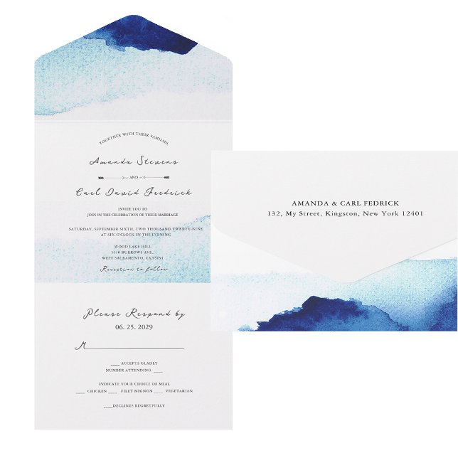 Invitation Tout En Un Script moderne Aquarelle Indigo Mariage bleu (Créateur téléchargé)