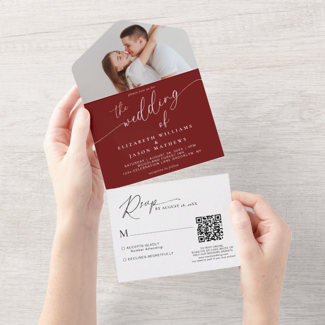 Invitation Tout En Un Script moderne Bourgogne Rouge Photo QR Code Maria (Déchirure)