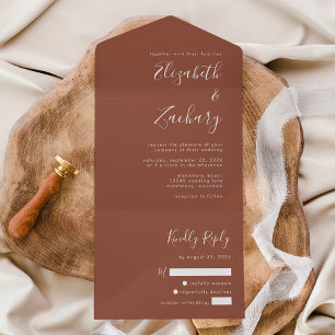 Invitation Tout En Un Script moderne Terracotta brûlé Mariage orange
