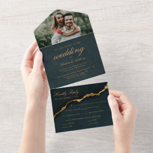 Invitation Tout En Un Script moderne Turquoise Agate Mariage All in One