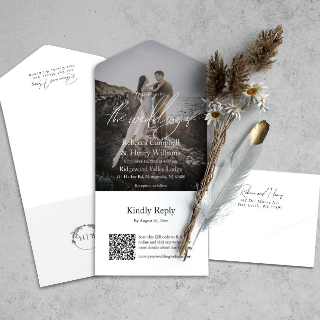 Invitation Tout En Un Script photo moderne QR Code RSVP Mariage (All-in-one wedding invitation with QR code to RSVP - Simplify and save time for you and your guests.)
