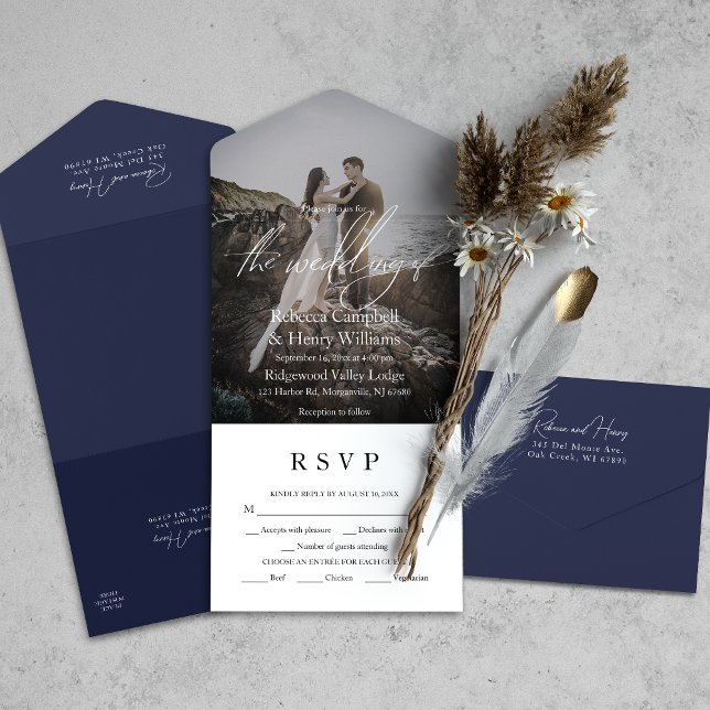 Invitation Tout En Un Script photo moderne RSVP Entree Marine Mariage bl (Simplify your wedding with our all-in-one invitation – convenience and beauty in a single card.)