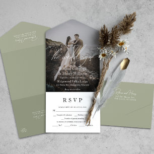 Invitation Tout En Un Script photo moderne RSVP Entree Sage Mariage vert