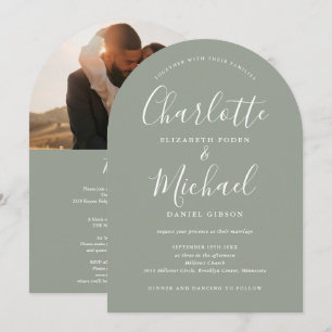 Invitation Tout en un script Photo Sage Green Arch Mariage