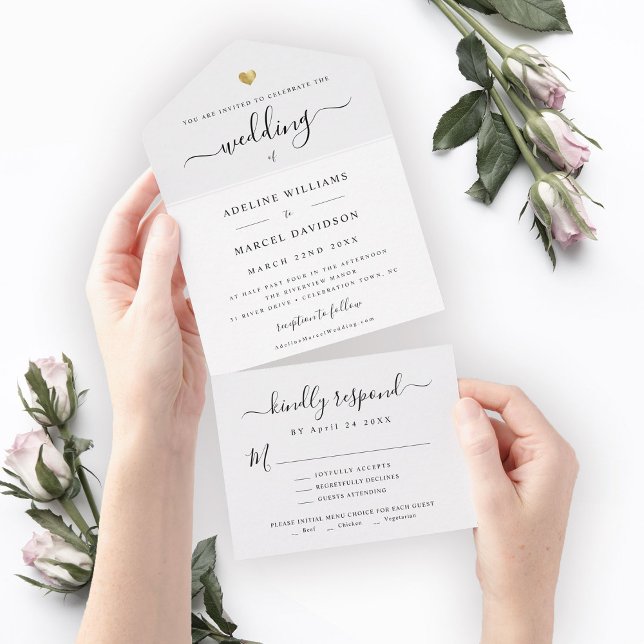 Invitation Tout En Un Script simple élégant Minimal Gold Heart Mariage (Créateur téléchargé)