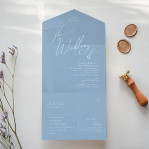 Invitation Tout En Un Script Whimsical Mariage bleu de sceau et d'envo