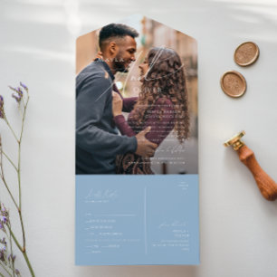 Invitation Tout En Un Script Whimsical Sceau photo bleu Dusty et envoi