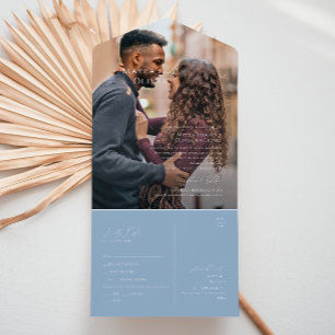 Invitation Tout En Un Script Whimsical Sceau photo bleu Dusty et envoi