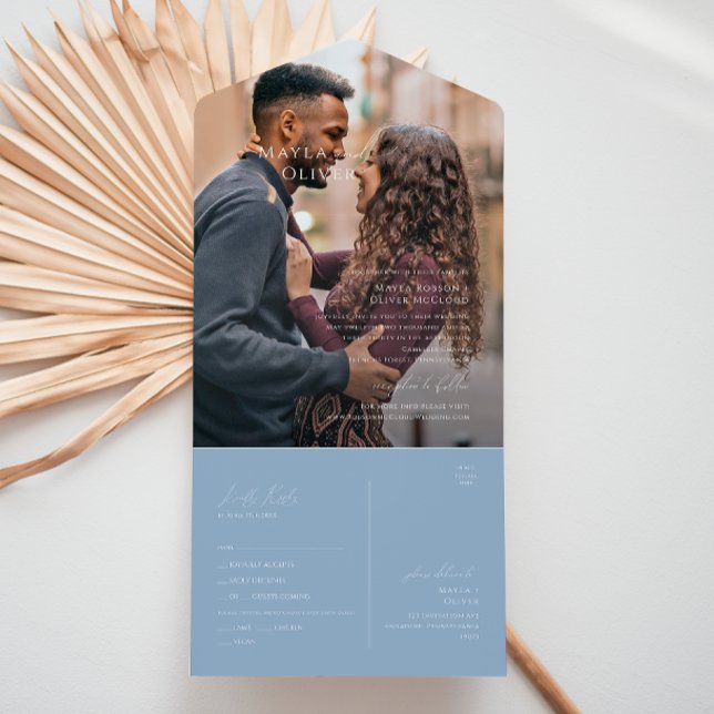 Invitation Tout En Un Script Whimsical | Sceau photo bleu Dusty et envoi (Créateur téléchargé)