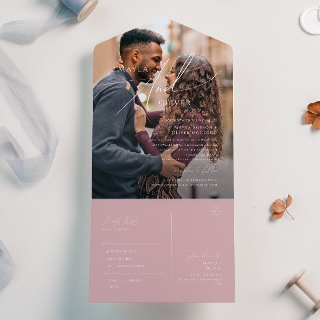 Invitation Tout En Un Script Whimsical | Sceau photo Rose Dusty et envoi (Créateur téléchargé)