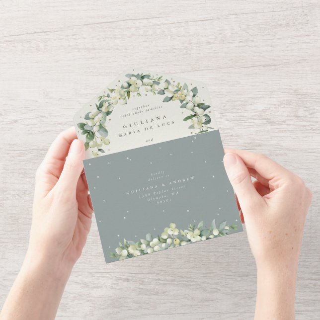 Invitation Tout En Un Seafoam Green/Crème Snowberry + Eucalyptus Mariage (Ouverture)