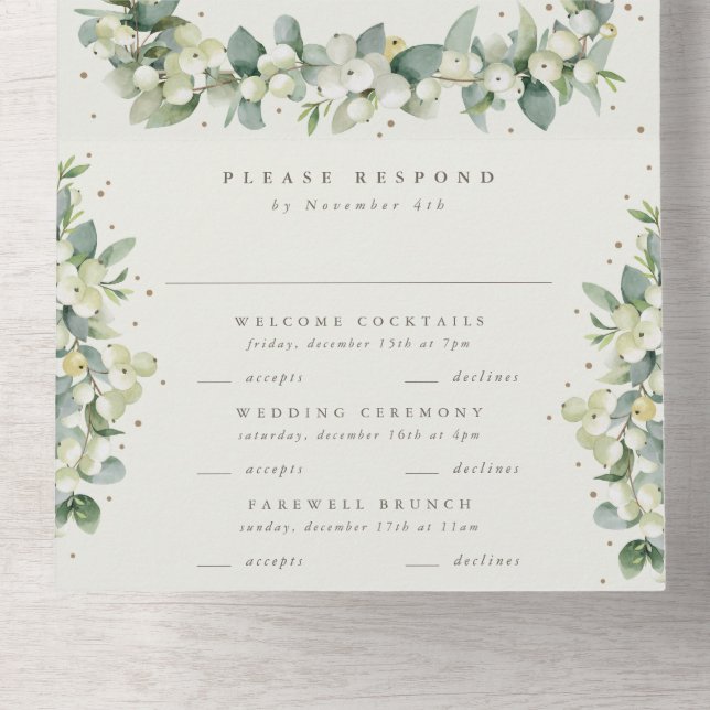 Invitation Tout En Un Seafoam Green/Crème Snowberry + Eucalyptus Mariage (Intérieur en bas)