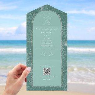 Invitation Tout En Un Seashell Palm Aqua Beach Wedding QR Code RSVP