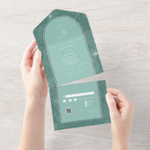 Invitation Tout En Un Seashell Palm Aqua Beach Wedding QR RSVP