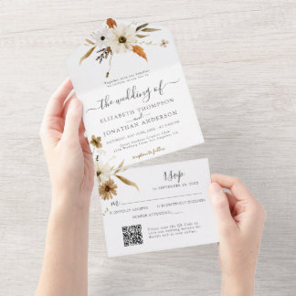 Invitation Tout En Un Sepia Fall Floral Cream Daisy Wild QR RSVP Wedding