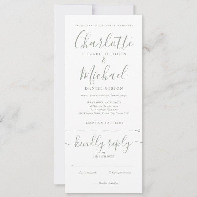 Invitation Tout en un seul Sage Vert Élégant Mariage de scrip (Devant)