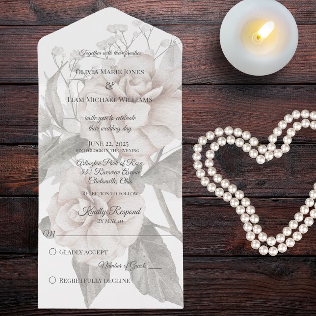 Invitation Tout En Un Silhouette rose blanche (Also available with QR code or with dinner options. )