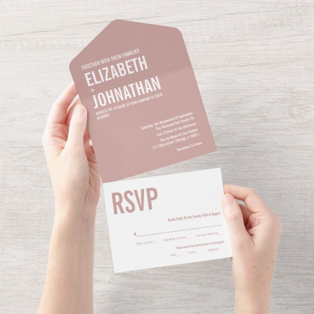 Invitation Tout En Un Simple Boho Typographie Mariage Rose Poussiéreux (Déchirure)