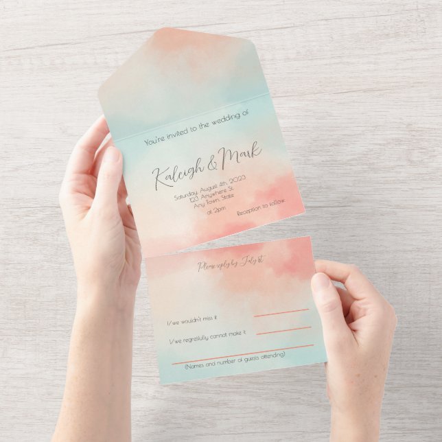 Invitation Tout En Un Simple budget Pastel Peach & Turquoise Mariage (Déchirure)