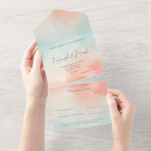 Invitation Tout En Un Simple budget Pastel Peach & Turquoise Mariage