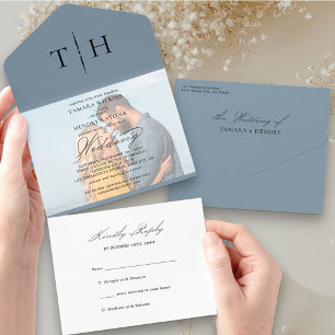 Invitation Tout En Un Simple Calligraphie Photo Dusty Blue RSVP Mariage