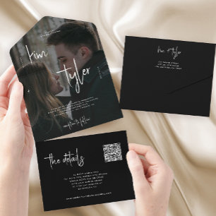 Invitation Tout En Un Simple code QR de réponse mariage photo noir et bl