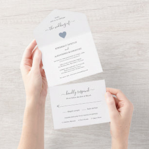 Invitation Tout En Un Simple Cœur Moderne Mariage Bleu Poussiéreux