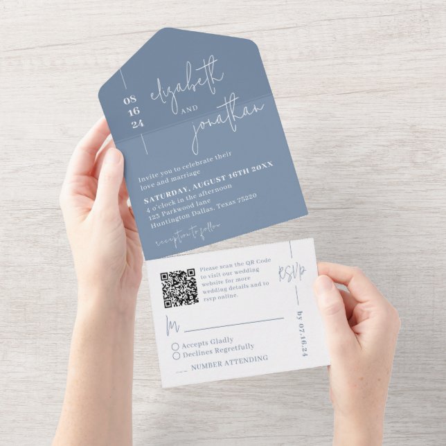 Invitation Tout En Un Simple Dusty Blue QR Code Classy Script Mariage (Déchirure)