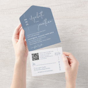 Invitation Tout En Un Simple Dusty Blue QR Code Classy Script Mariage