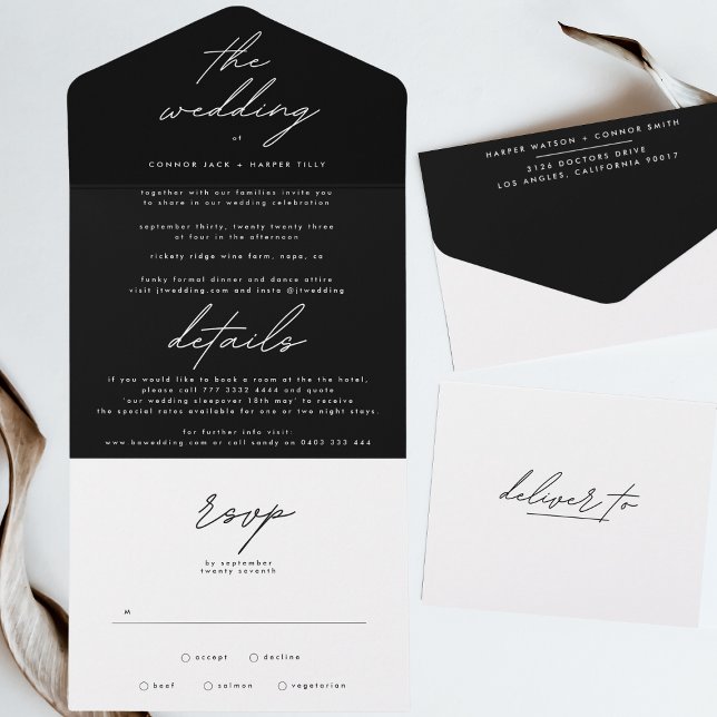 Invitation Tout En Un Simple Elegant noir sur Mariage blanc (Créateur téléchargé)