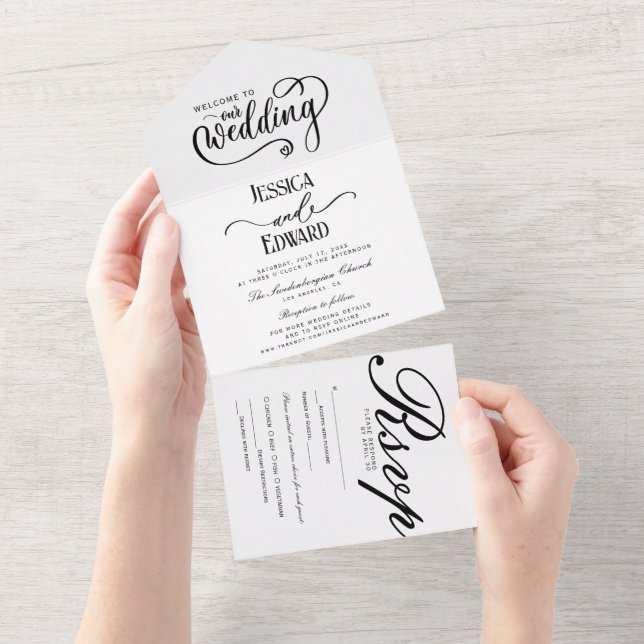 Invitation Tout En Un Simple élégante Noir Blanc Moderne Calligraphie (Déchirure)