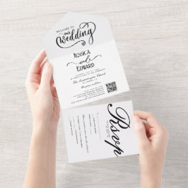 Invitation Tout En Un Simple élégante noir blanc Qr Code Calligraphie