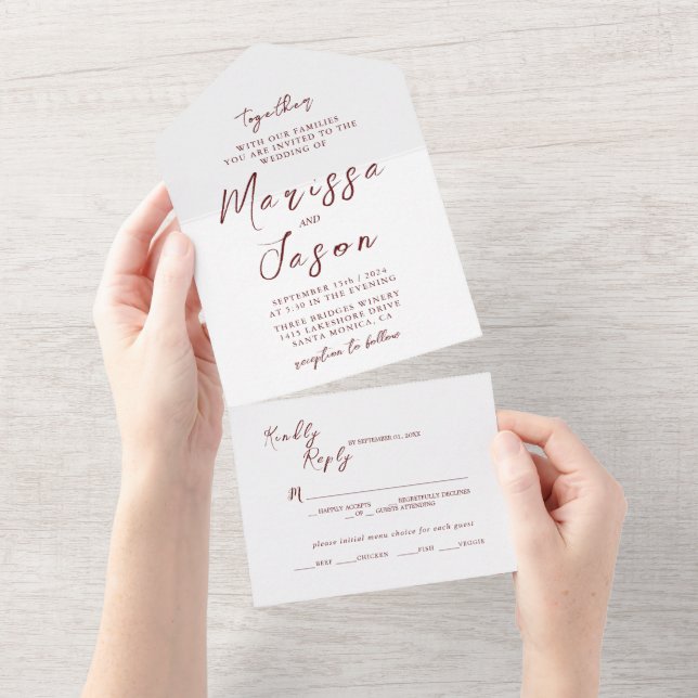 Invitation Tout En Un Simple et élégant Mariage blanc et bordeaux (Déchirure)